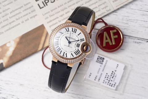 Cartier Ballon Bleu 33mm Rose Gold Diamond Watch Black Leather