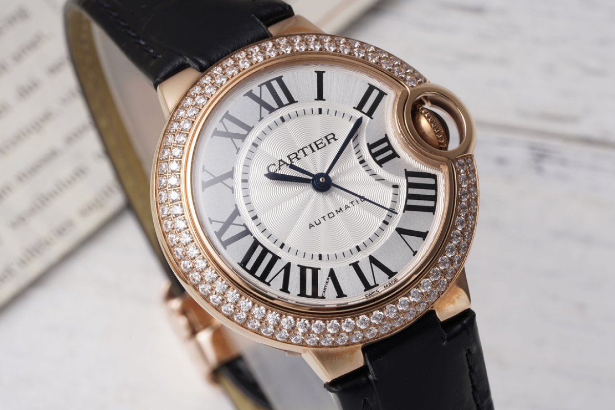 Cartier Ballon Bleu 33mm Rose Gold Diamond Watch Black Leather view