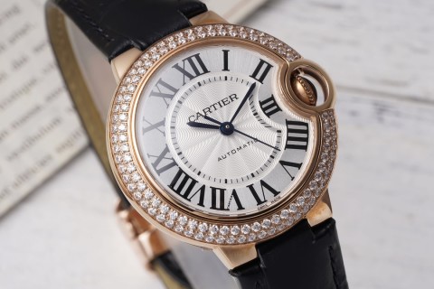 Cartier Ballon Bleu 33mm Rose Gold Diamond Watch Black Leather view 2