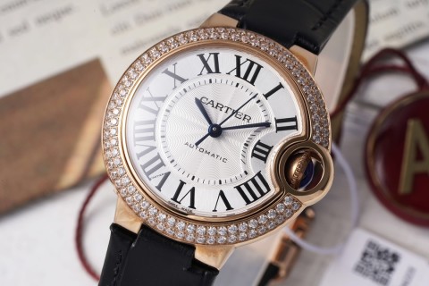 Cartier Ballon Bleu 33mm Rose Gold Diamond Watch Black Leather view 3