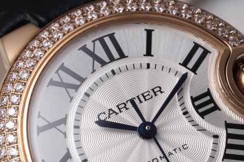 Cartier Ballon Bleu 33mm Rose Gold Diamond Watch Black Leather view 4