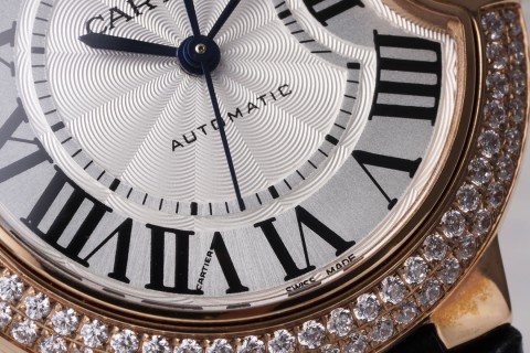 Cartier Ballon Bleu 33mm Rose Gold Diamond Watch Black Leather view 5