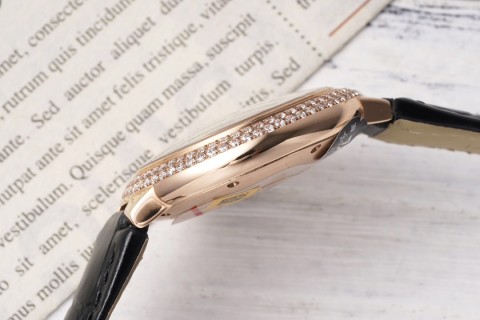 Cartier Ballon Bleu 33mm Rose Gold Diamond Watch Black Leather view 6