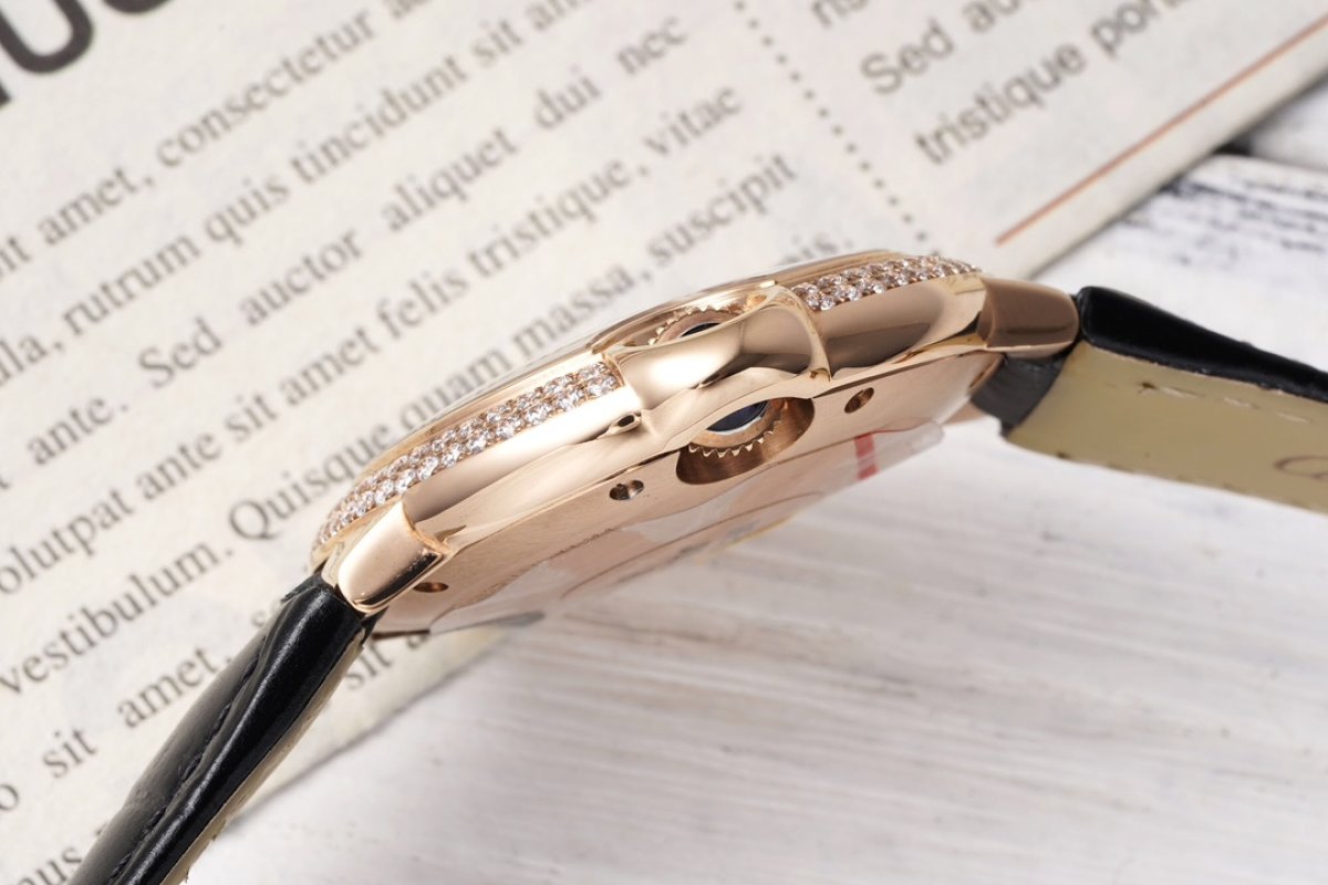 Cartier Ballon Bleu 33mm Rose Gold Diamond Watch Black Leather view