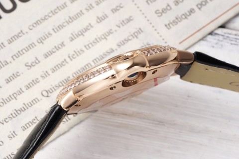 Cartier Ballon Bleu 33mm Rose Gold Diamond Watch Black Leather view 7
