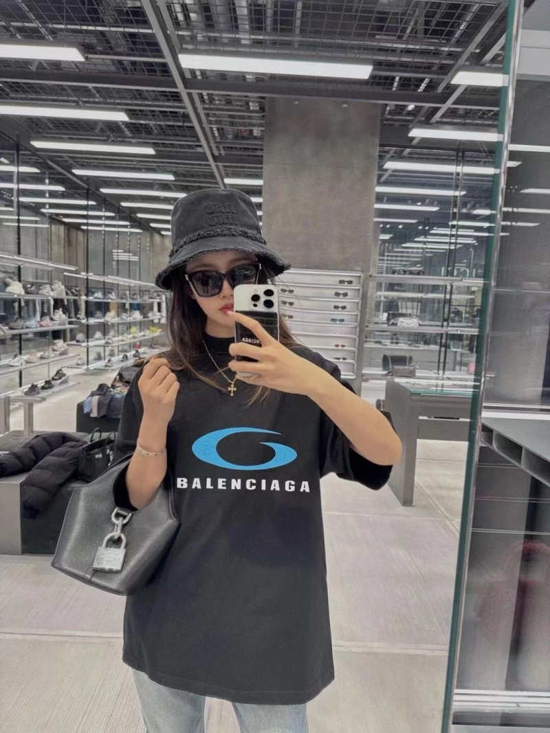 Balenciaga Blue Logo Black T-Shirt