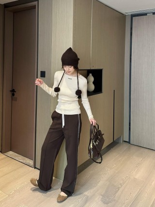 Essentials Brown Track Pants with Cream Drawstring view 3