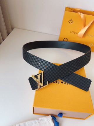 Louis Vuitton Damier Pattern Belt with Gold LV Buckle Black view 5