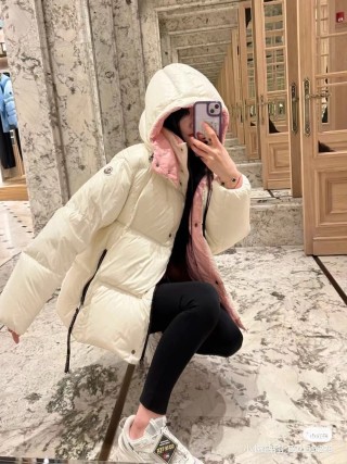 Cream & Pink Puffer Down Jacket with Hood view 2