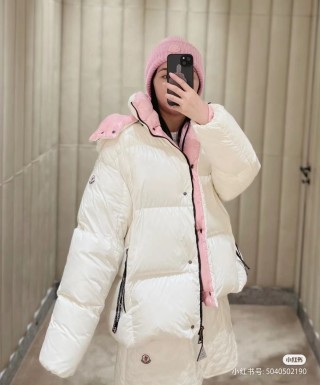 Cream & Pink Puffer Down Jacket with Hood view 6