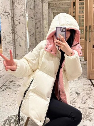 Cream & Pink Puffer Down Jacket with Hood view 7