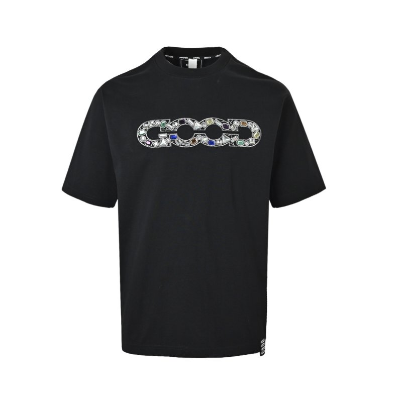 Black Gem-Encrusted Chain Logo Short Sleeve T-Shirt