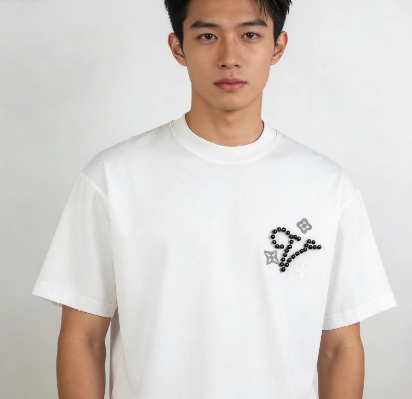 White Short Sleeve T-Shirt with Beaded Star Graphic