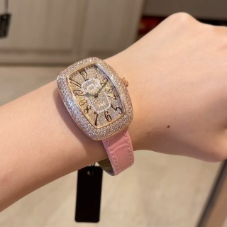 Franck Muller Tonneau Crystal Diamond Watch Pink Leather