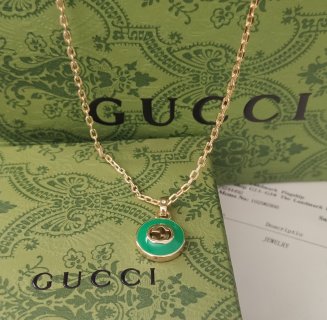Gucci Green Agate Logo Pendant Necklace Gold view 1