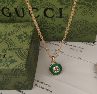 Gucci Green Agate Logo Pendant Necklace Gold view 2