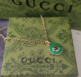 Gucci Green Agate Logo Pendant Necklace Gold view 3