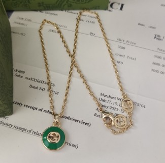Gucci Green Agate Logo Pendant Necklace Gold view 6