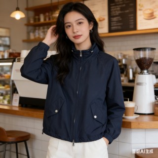 Navy Windbreaker Jacket with Ribbed Cuffs view 1