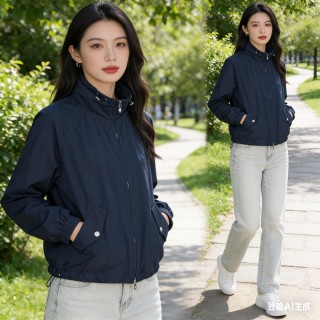 Navy Windbreaker Jacket with Ribbed Cuffs view 2