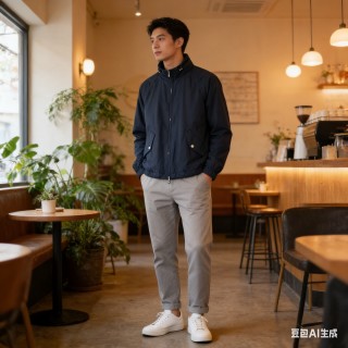 Navy Windbreaker Jacket with Ribbed Cuffs view 3