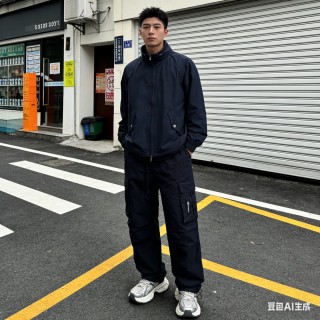 Navy Windbreaker Jacket with Ribbed Cuffs view 9