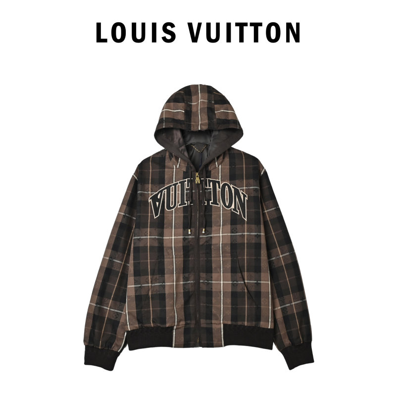 Brown Plaid Zip Hoodie Jacket with Graphic Print view