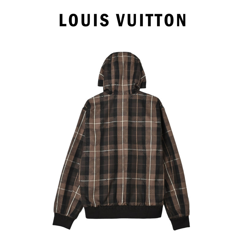Brown Plaid Zip Hoodie Jacket with Graphic Print view