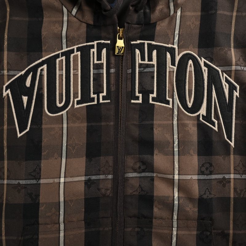 Brown Plaid Zip Hoodie Jacket with Graphic Print view