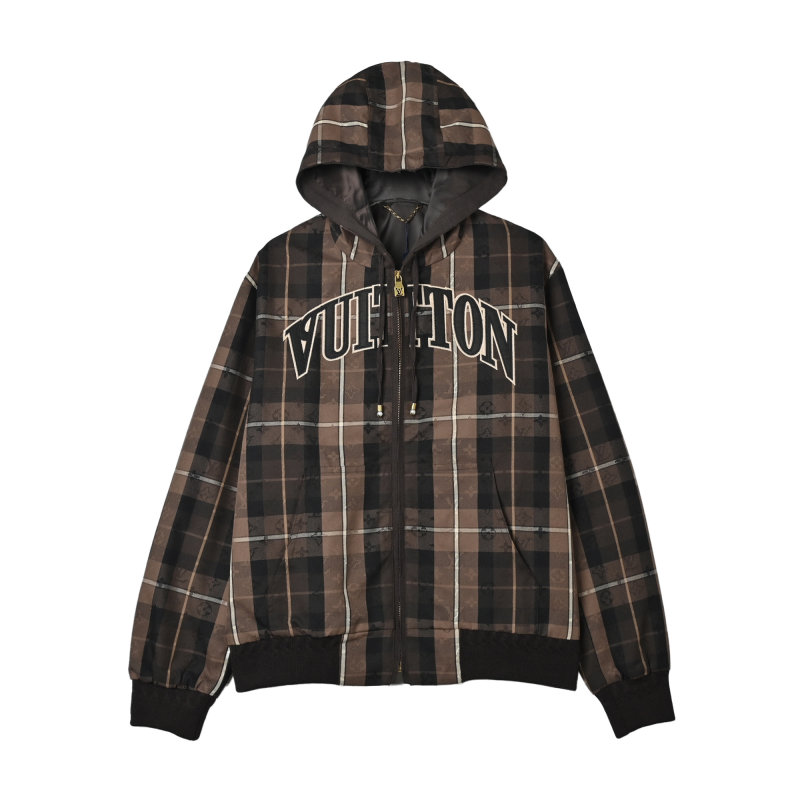 Brown Plaid Zip Hoodie Jacket with Graphic Print view