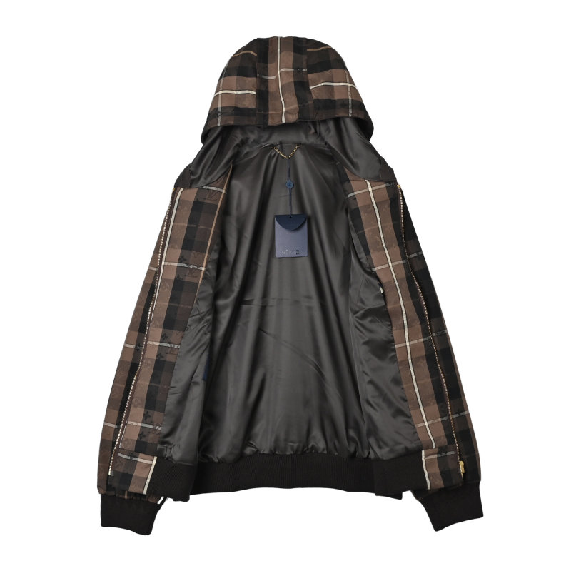 Brown Plaid Zip Hoodie Jacket with Graphic Print view