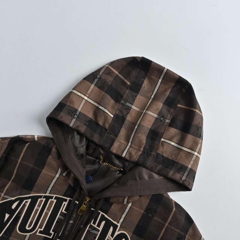 Brown Plaid Zip Hoodie Jacket with Graphic Print view