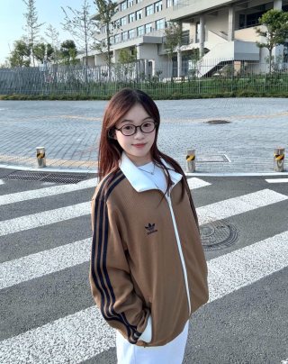 Caramel Waffle Knit Varsity Jacket with Navy Stripes view 3