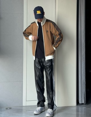 Caramel Waffle Knit Varsity Jacket with Navy Stripes view 4
