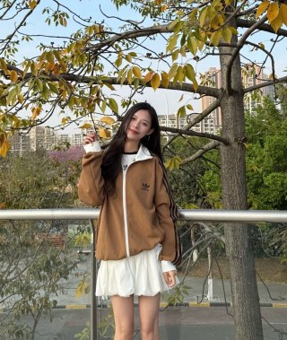 Caramel Waffle Knit Varsity Jacket with Navy Stripes view 5