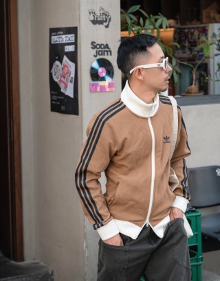 Caramel Waffle Knit Varsity Jacket with Navy Stripes view 6