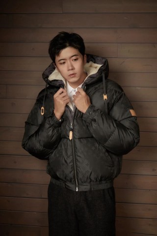 Black Puffer Down Jacket with Cream Fleece Lining view 1
