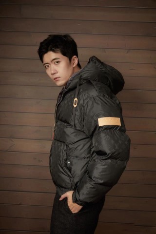 Black Puffer Down Jacket with Cream Fleece Lining view 3