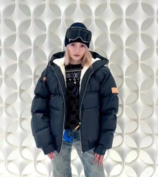 Black Puffer Down Jacket with Cream Fleece Lining view 6