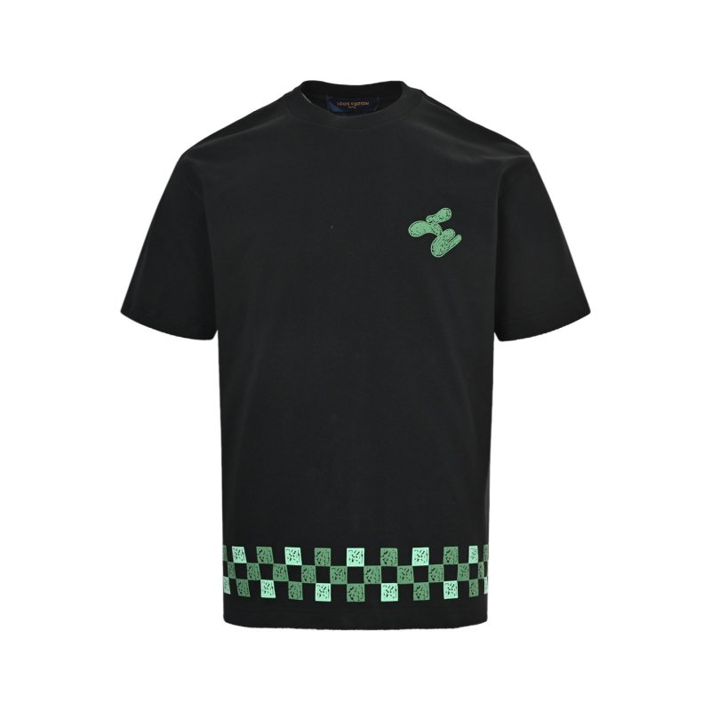 Black Short Sleeve T-Shirt with Green Checkered Print view