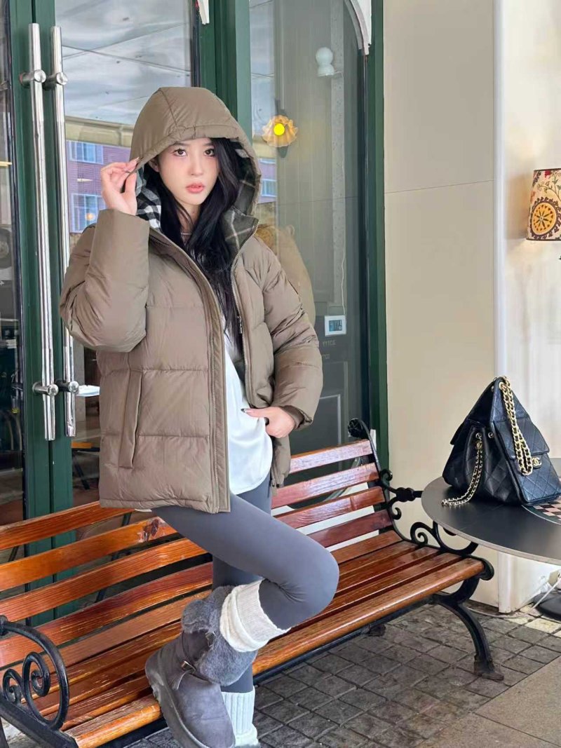 Beige Puffer Down Jacket with Hood