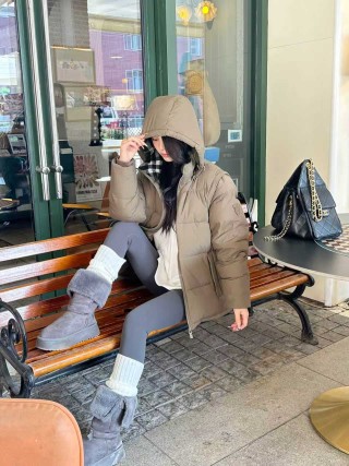 Beige Puffer Down Jacket with Hood view 3