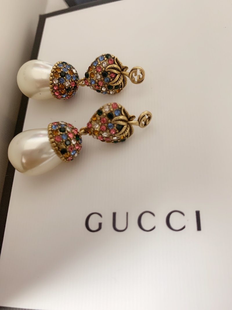 Gucci GG Floral Crystal Pearl Drop Earrings Gold