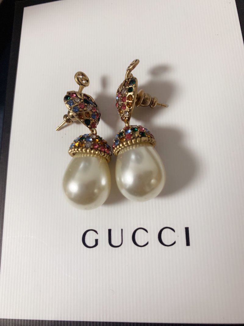 Gucci GG Floral Crystal Pearl Drop Earrings Gold view