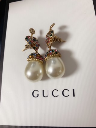 Gucci GG Floral Crystal Pearl Drop Earrings Gold view 2