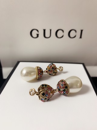 Gucci GG Floral Crystal Pearl Drop Earrings Gold view 3