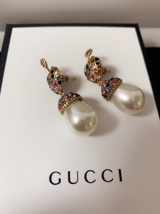 Gucci GG Floral Crystal Pearl Drop Earrings Gold view 4