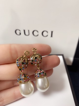 Gucci GG Floral Crystal Pearl Drop Earrings Gold view 5