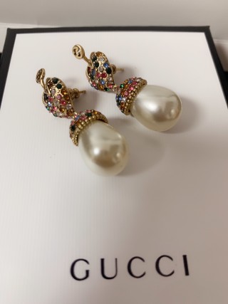 Gucci GG Floral Crystal Pearl Drop Earrings Gold view 6