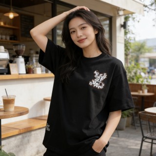 Black Botanical Graphic Short Sleeve T-Shirt view 2